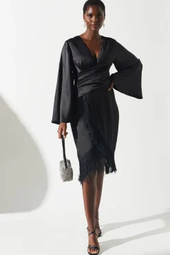 Coast Robe Midi en Satin à Taille Nouée et Ourlet à Franges<Femme Robes Mi-Longues|Satin Et Dentelle
