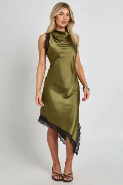 Robe Midi En Satin Texturé Avec Finitions En Dentelle