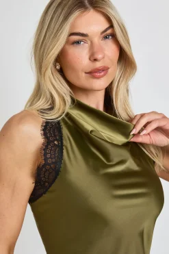 Robe Midi En Satin Texturé Avec Finitions En Dentelle