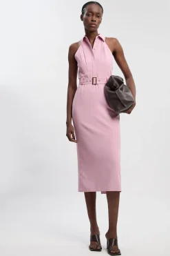 Robe midi en sergé à encolure halter et col contrastant
