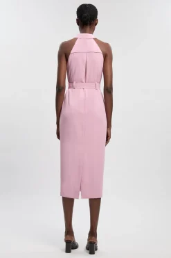 Robe midi en sergé à encolure halter et col contrastant