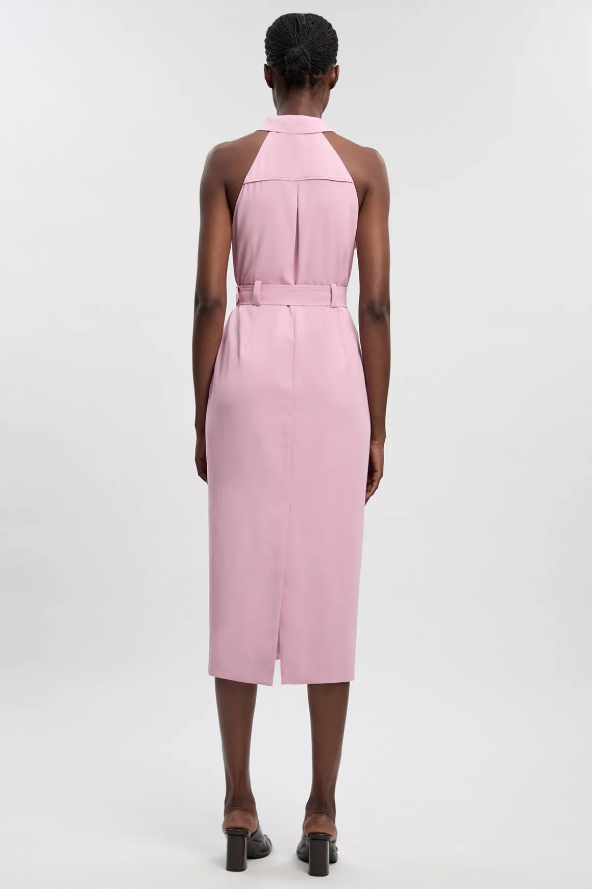 Robe midi en sergé à encolure halter et col contrastant