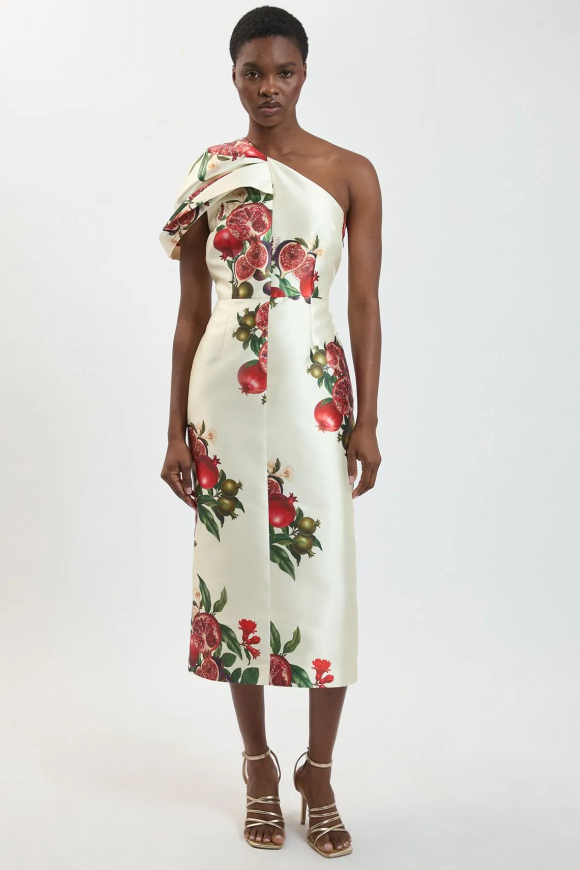 Robe Midi En Sergé À Imprimé Fruits Et Épaule Asymétrique