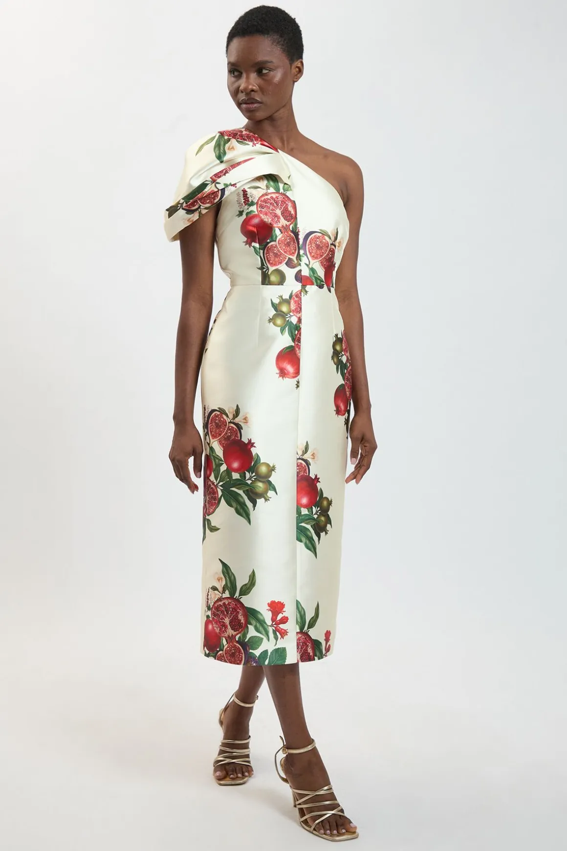 Robe Midi En Sergé À Imprimé Fruits Et Épaule Asymétrique