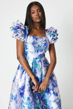 Robe Midi en Sergé à Manches à Volants