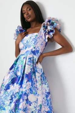 Robe Midi en Sergé à Manches à Volants