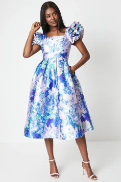 Robe Midi en Sergé à Manches à Volants