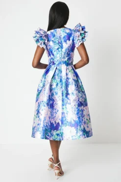 Robe Midi en Sergé à Manches à Volants