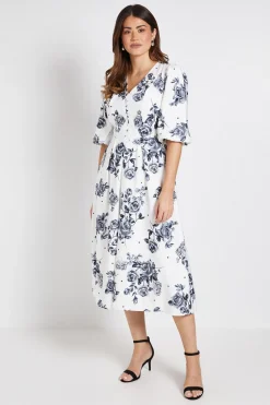 Robe Midi En Sergé Ottoman À Pois Floraux Avec Boutons
