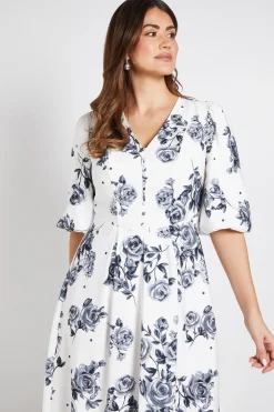Robe Midi En Sergé Ottoman À Pois Floraux Avec Boutons
