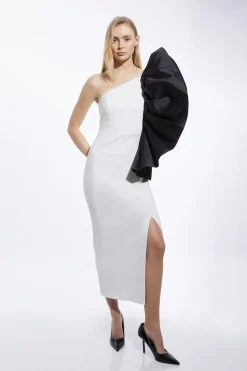 Robe Midi en Taffetas Stretch Compact à Manches avec Volants