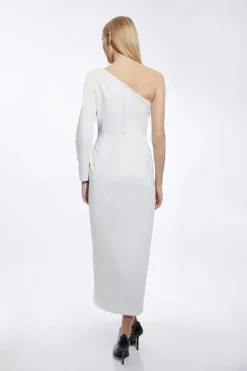 Robe Midi en Taffetas Stretch Compact à Manches avec Volants