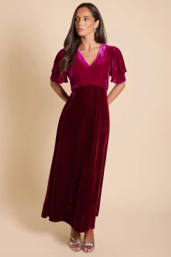 Robe Midi En Velours Luxe Dp À Double Volant Et Blocs De Couleurs