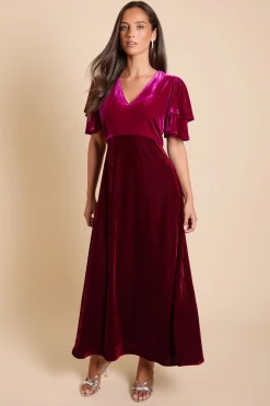 Robe Midi En Velours Luxe Dp À Double Volant Et Blocs De Couleurs