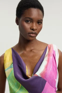 KarenMillen Robe Midi En Viscose Satinée À Imprimé Abstrait Rose Avec Détail D'épaule Torsadé Petite<Femme Robes Mi-Longues|Satin Et Dentelle