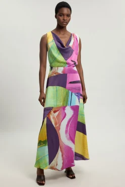KarenMillen Robe Midi En Viscose Satinée À Imprimé Abstrait Rose Avec Détail D'épaule Torsadé Petite<Femme Robes Mi-Longues|Satin Et Dentelle