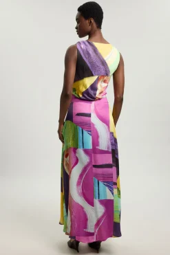 Robe Midi En Viscose Satinée À Imprimé Abstrait Rose Avec Détail Torsadé À L'épaule