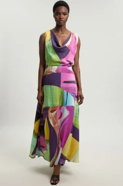 Robe Midi En Viscose Satinée À Imprimé Abstrait Rose Avec Détail Torsadé À L'épaule