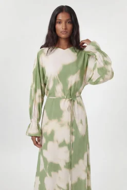 Robe Midi En Viscose Tissée Imprimée À Col Drapé