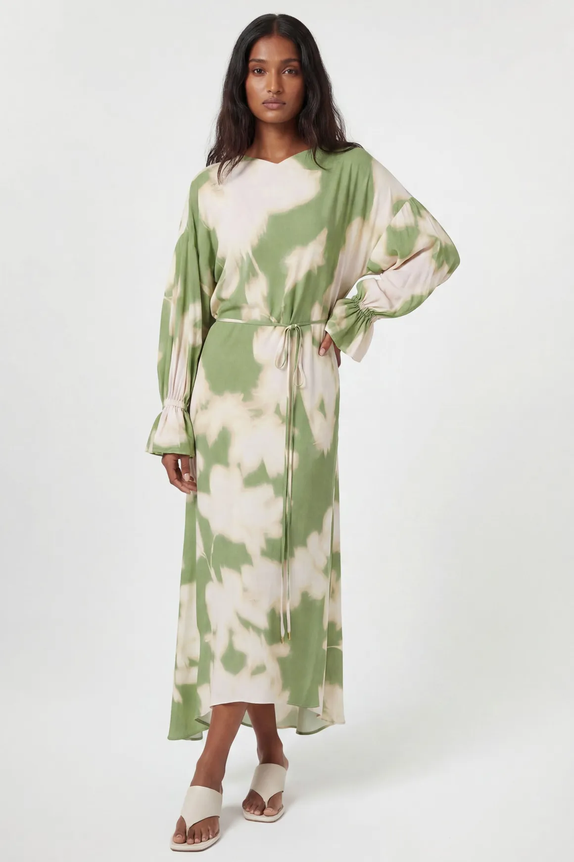 Robe Midi En Viscose Tissée Imprimée À Col Drapé