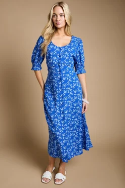 Robe Midi Fleurie À Manches Bouffantes Et Boutonnage Devant