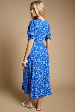 Robe Midi Fleurie À Manches Bouffantes Et Boutonnage Devant