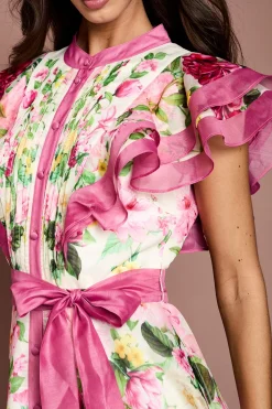Robe Midi Fleurie À Épaules Volantées
