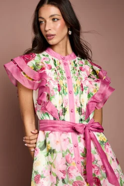 Robe Midi Fleurie À Épaules Volantées