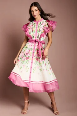 Robe Midi Fleurie À Épaules Volantées