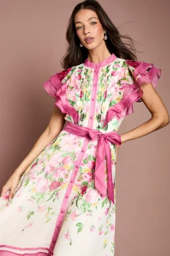 Robe Midi Fleurie À Épaules Volantées