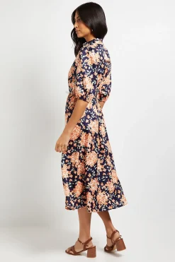 Robe Midi À Fleurs Avec Manches Bouffantes Et Plis Nervurés