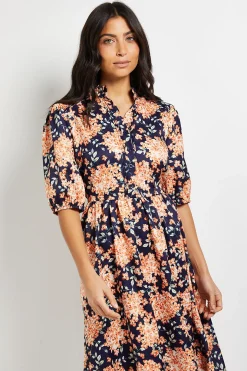 Robe Midi À Fleurs Avec Manches Bouffantes Et Plis Nervurés