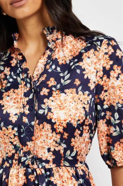 Robe Midi À Fleurs Avec Manches Bouffantes Et Plis Nervurés