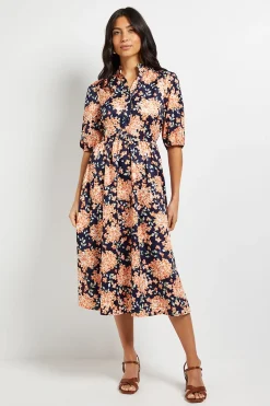 Robe Midi À Fleurs Avec Manches Bouffantes Et Plis Nervurés