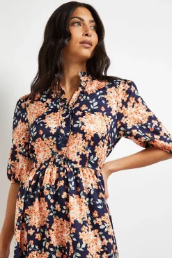 Robe Midi À Fleurs Avec Manches Bouffantes Et Plis Nervurés