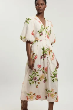 Robe Midi À Fleurs En Coton Et Soie Avec Manches Bouffantes