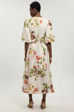 Robe Midi À Fleurs En Coton Et Soie Avec Manches Bouffantes