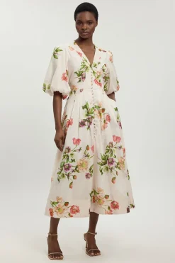 Robe Midi À Fleurs En Coton Et Soie Avec Manches Bouffantes