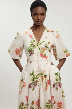 Robe Midi À Fleurs En Coton Et Soie Avec Manches Bouffantes