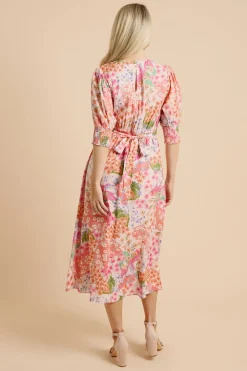 Robe Midi À Fleurs Patchwork Avec Poignets Froncés