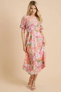 Robe Midi À Fleurs Patchwork Avec Poignets Froncés