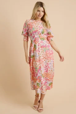 Robe Midi À Fleurs Patchwork Avec Poignets Froncés