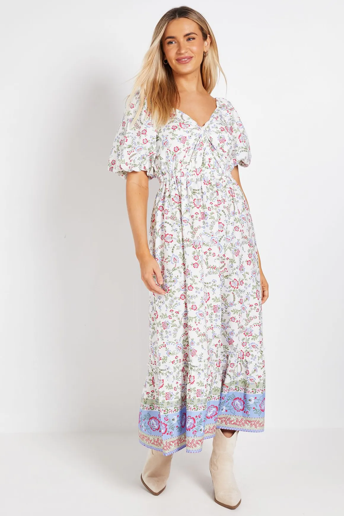 Robe Midi Florale En Popeline Avec Détail Torsadé Devant