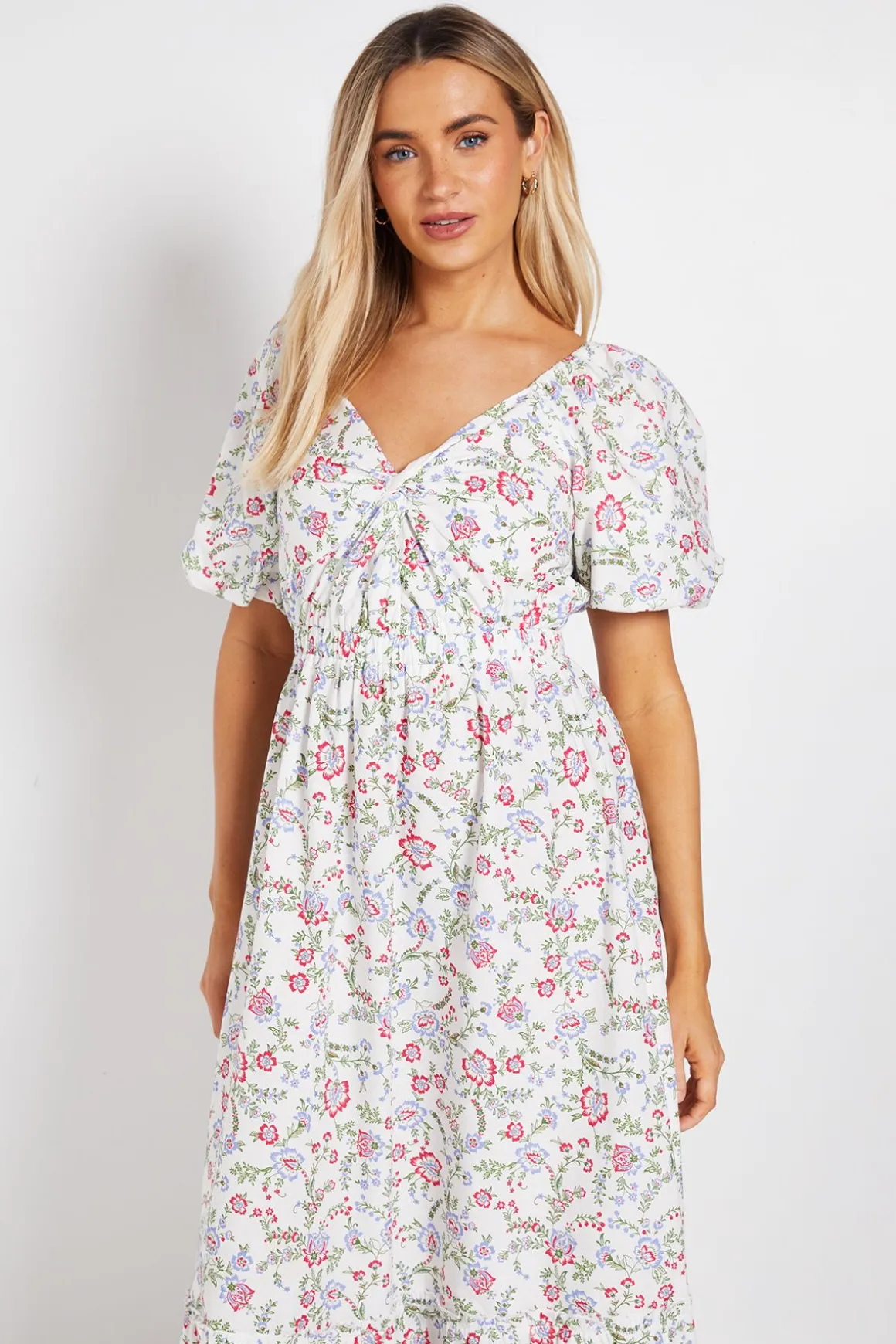 Robe Midi Florale En Popeline Avec Détail Torsadé Devant
