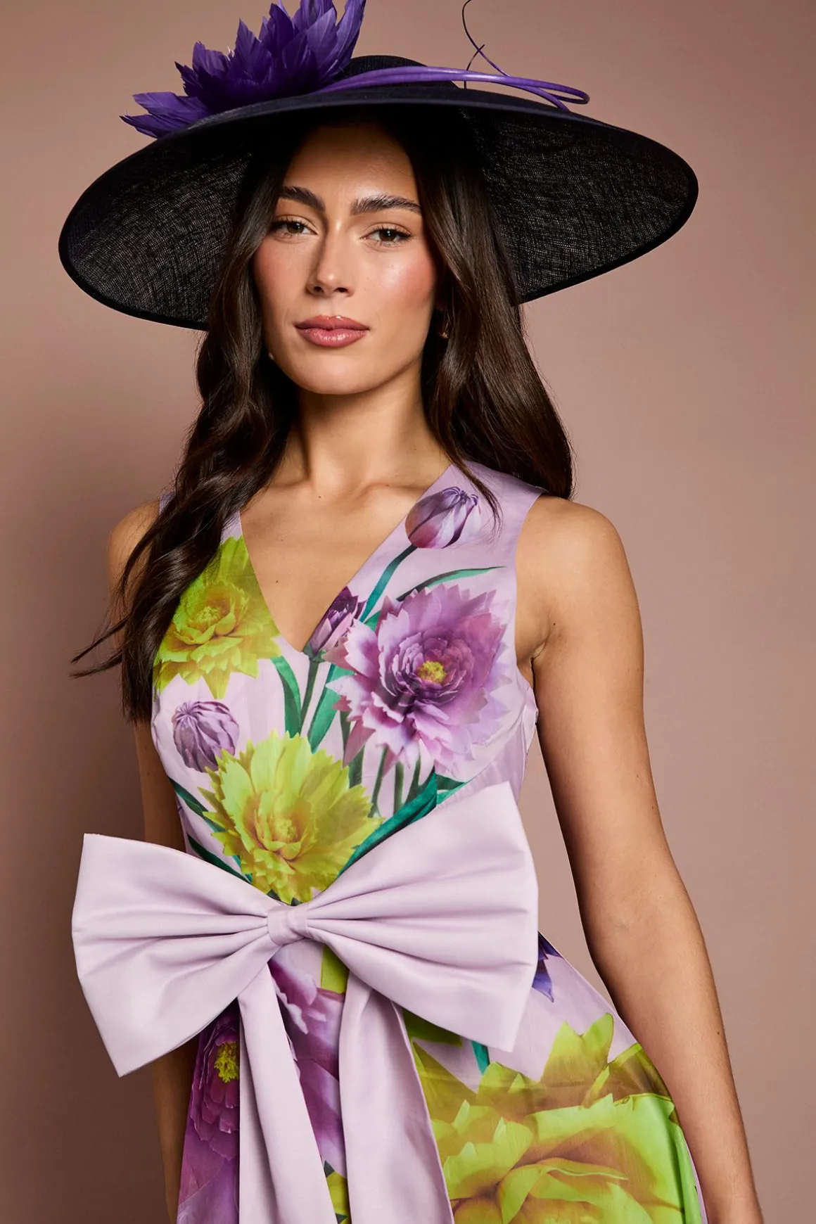 Robe Midi Florale Lisa À Nœud Frontal Beige