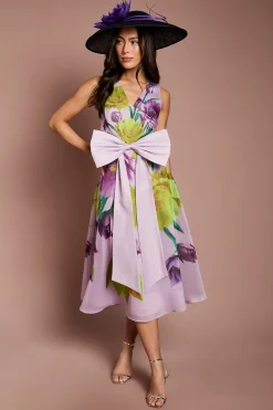 Robe Midi Florale Lisa À Nœud Frontal Beige