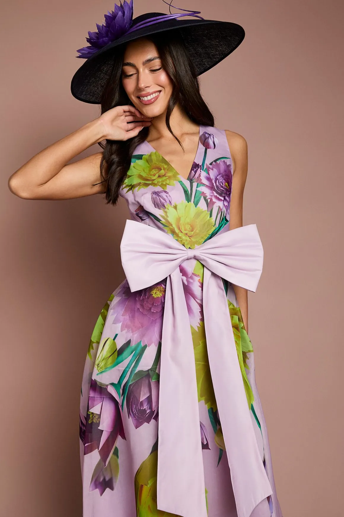 Robe Midi Florale Lisa À Nœud Frontal Beige