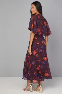 Robe Midi Florale à Manches Cape