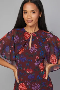 Robe Midi Florale à Manches Cape