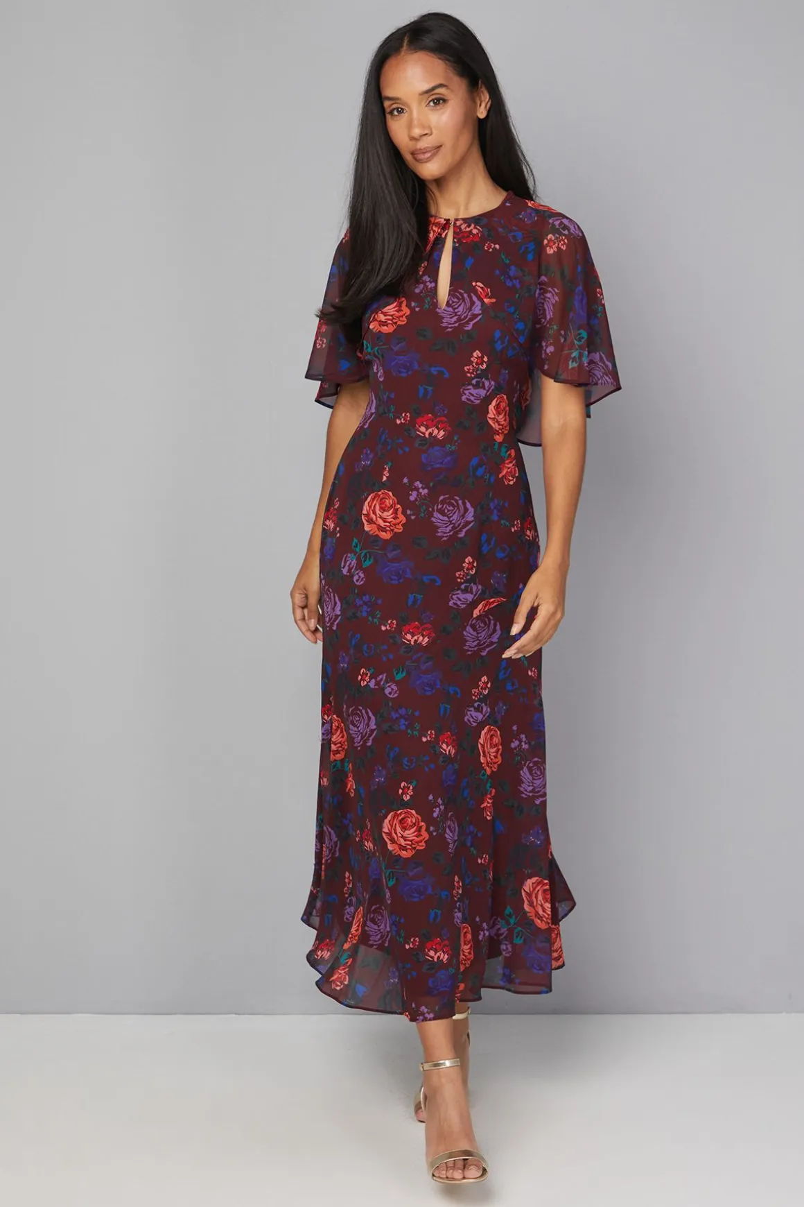 Robe Midi Florale à Manches Cape